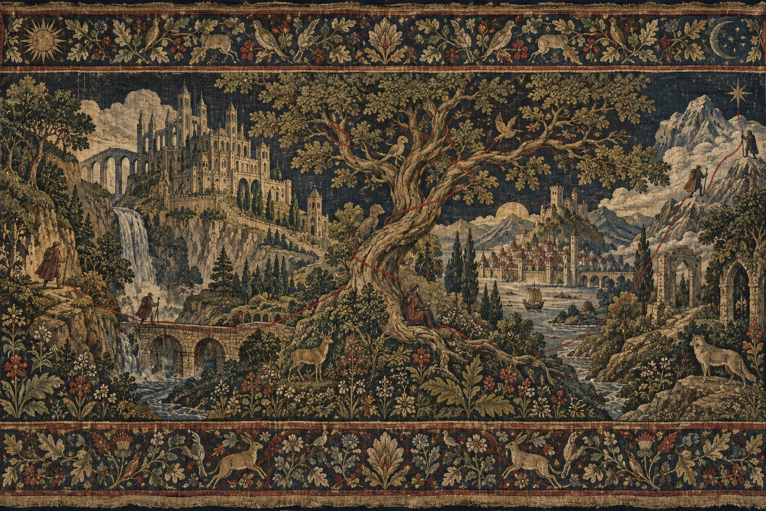 An embroidered fantasy landscape of towers, mountains, rivers and tiny adventurers, joined by a red thread around an ancient tree.