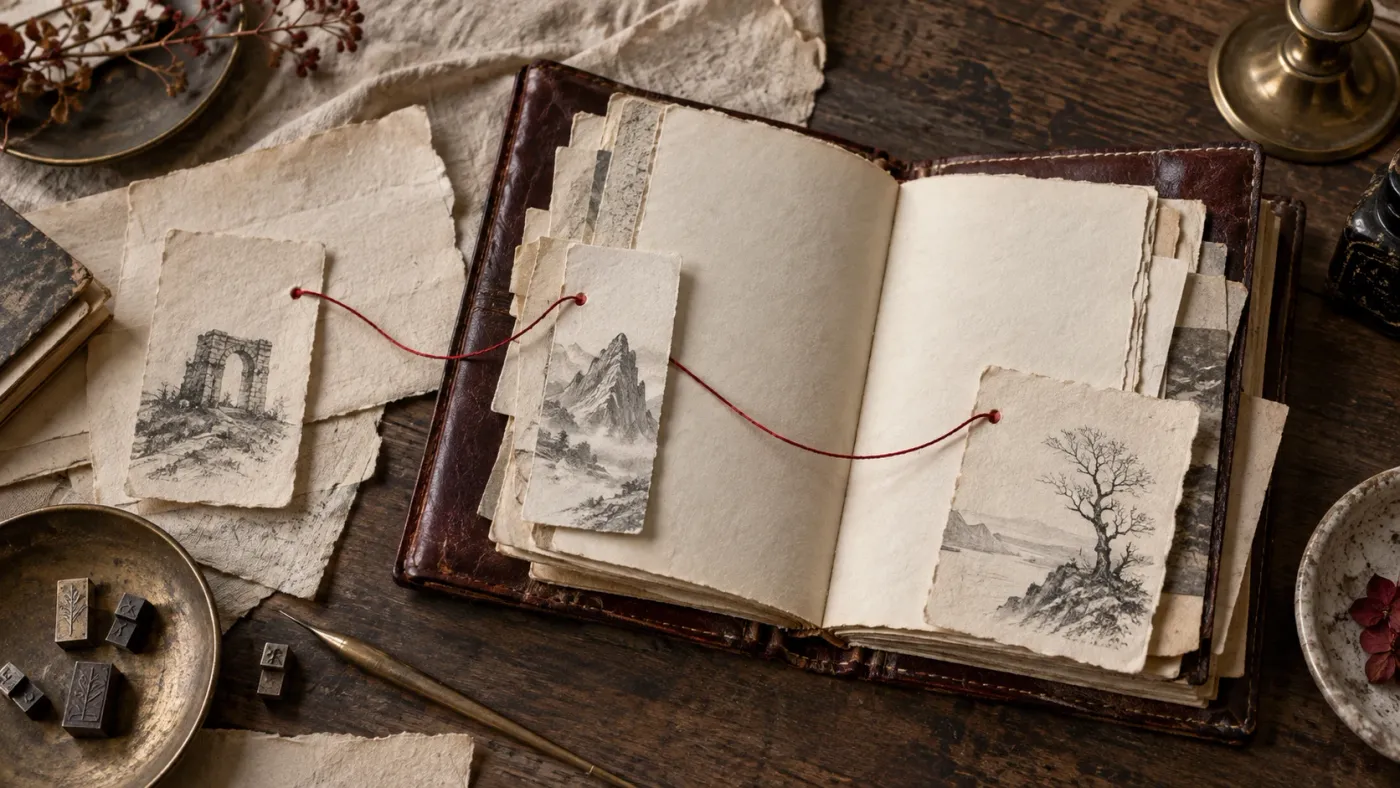 An open leather-bound archive and illustrated paper slips joined by a fine red thread.