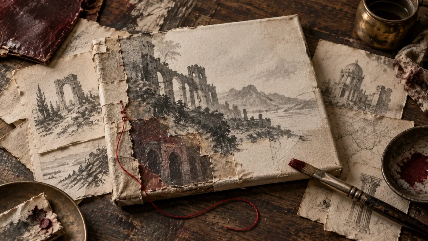 An unfinished architectural painting on repaired canvas, with a paintbrush and red stitching.
