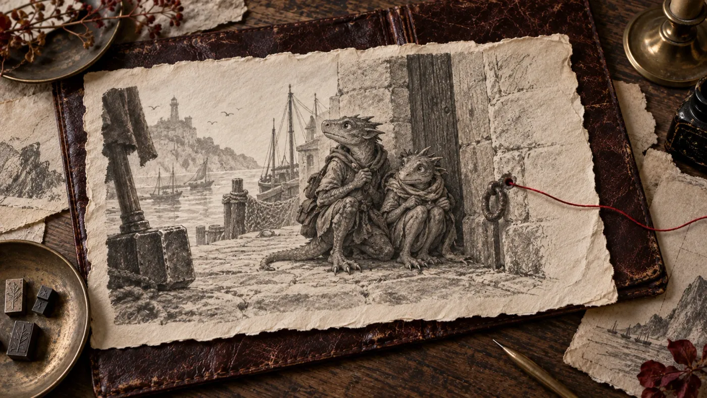An illustration of two wary kobolds beside a coastal doorway and a lowered warhammer, on stitched archival paper.