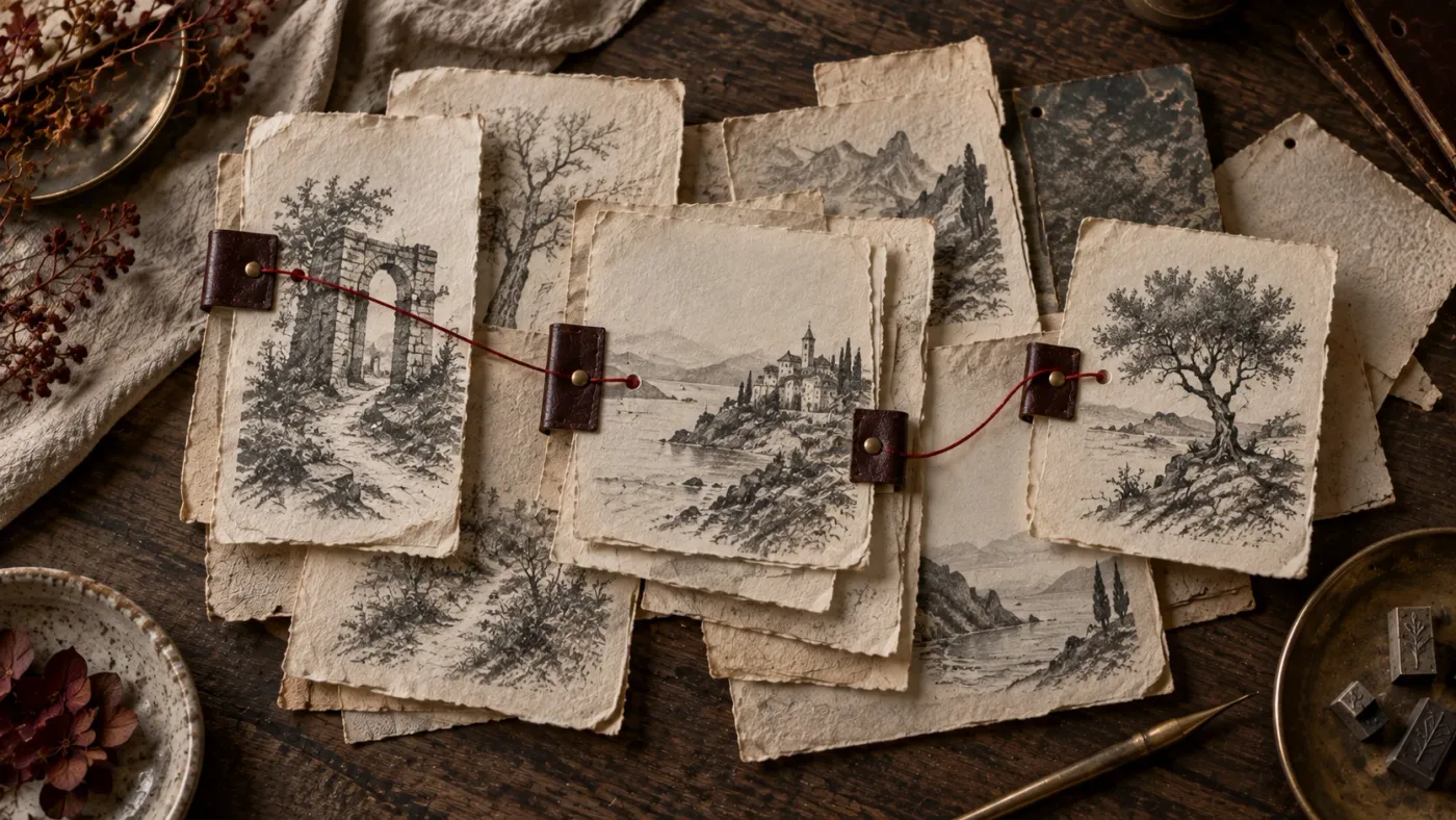 Layers of illustrated archival paper connected by leather tabs and a red thread.